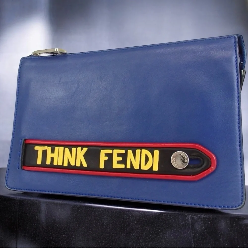 FENDI Think Fendi Graphic Leather Clutch Bag 🩵